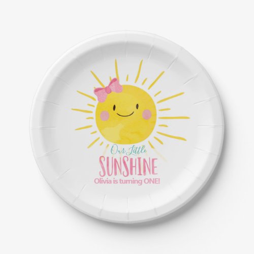 Our Little Sunshine Girl Pink Bow Sun Summer Party Paper Plates
