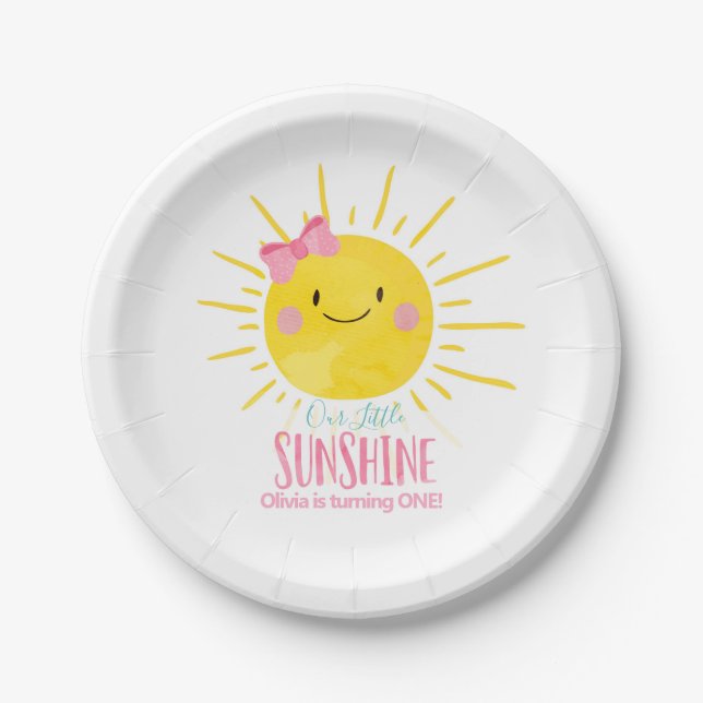Our Little Sunshine Girl Pink Bow Sun Summer Party Paper Plates (Front)