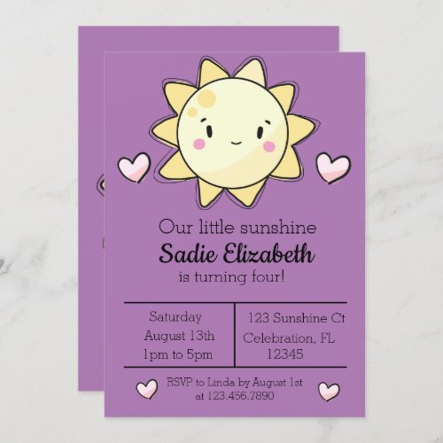 Our Little Sunshine Girl PurpleBirthday Invitation