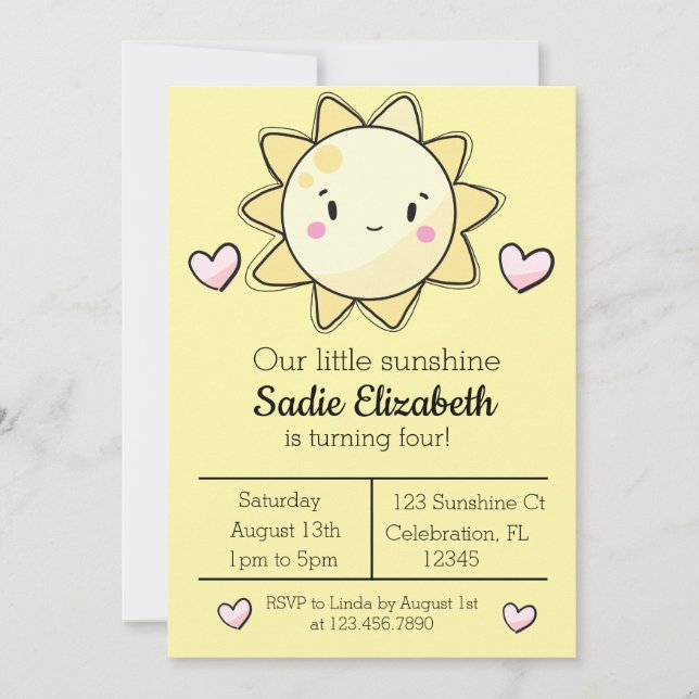 Our Little Sunshine Girls Yellow Birthday Invitation (Front)