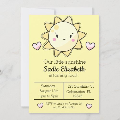 Our Little Sunshine Girls Yellow Birthday Invitation