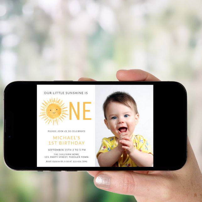 Our Little Sunshine Is One 1st Birthday Boy Photo Invitation (Front Digital)
