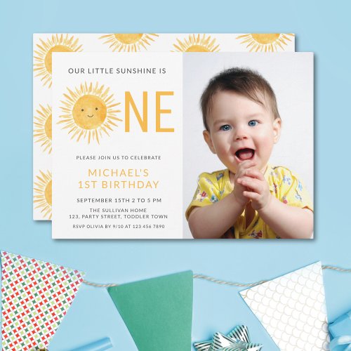 Our Little Sunshine Is One 1st Birthday Boy Photo Invitation