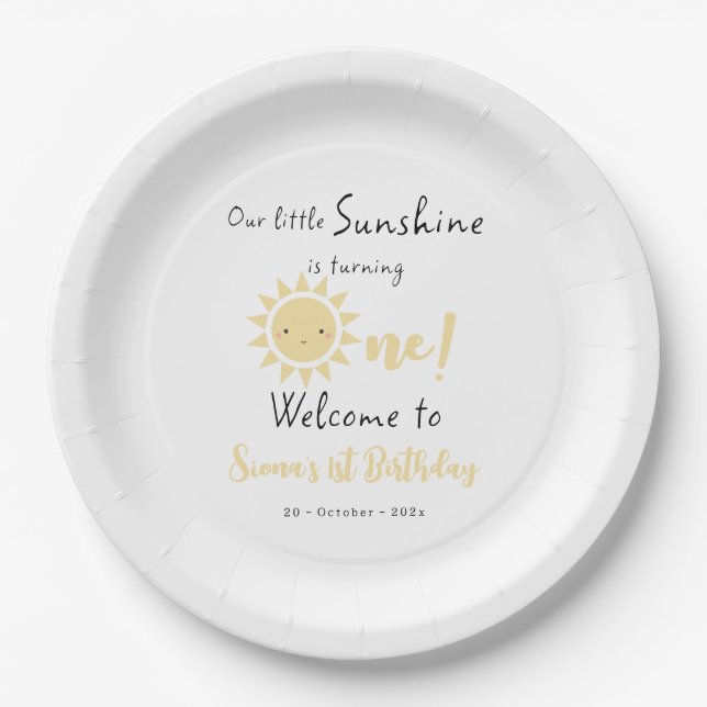 Our Little Sunshine is Turning One Cute Birthday Paper Plates (Front)