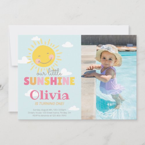Our Little Sunshine Photo Pink Birthday Any Age Invitation