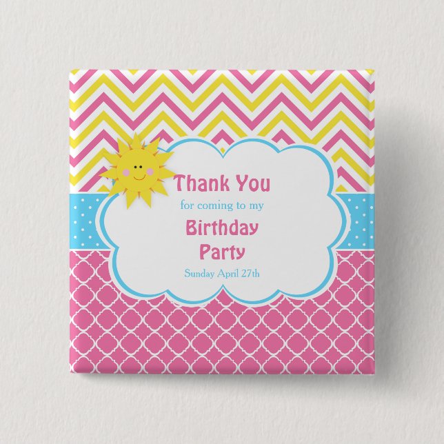 Our little Sunshine Pink and Yellow Birthday Party Button (Front)