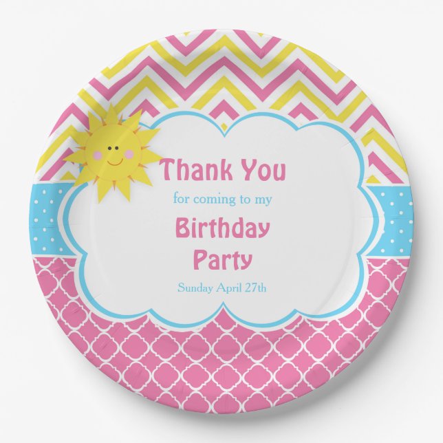 Our little Sunshine Pink and Yellow Birthday Party Paper Plates (Front)