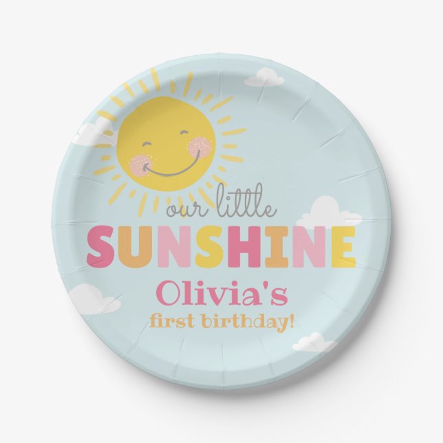 Our Little Sunshine Pink Birthday Party Any Age Paper Plates (Front)
