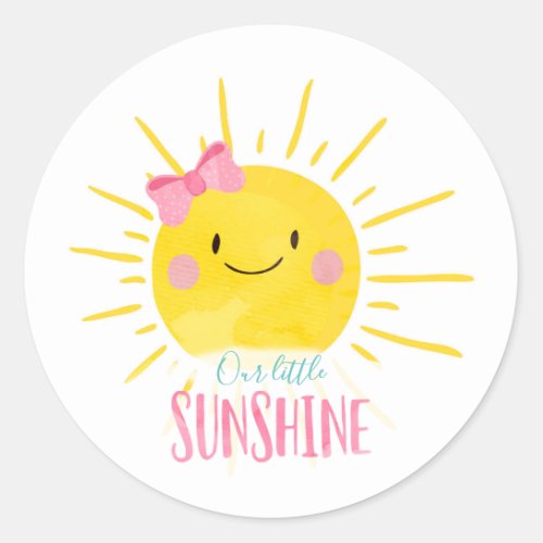 Our Little Sunshine Pink Bow Sun Cupcake Topper Classic Round Sticker