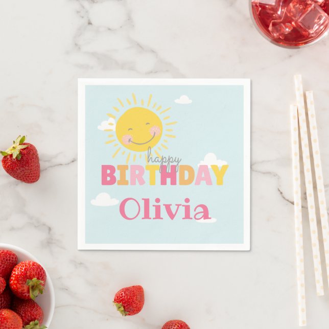 Our Little Sunshine Pink Happy Birthday Any Age Napkins (Insitu)