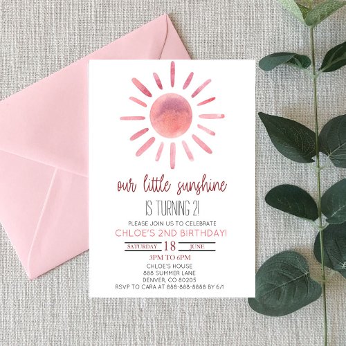 Our Little Sunshine Pink Sun Birthday Party Invitation