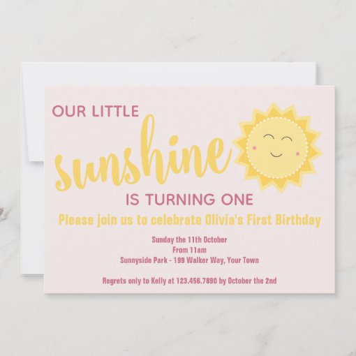 Our Little Sunshine Pink & Yellow Girl's Birthday Invitation | Zazzle