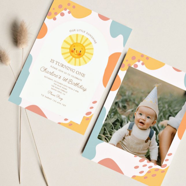 Our Little Sunshine Sun Retro Minimal 1st Birthday Invitation (Creator Uploaded)