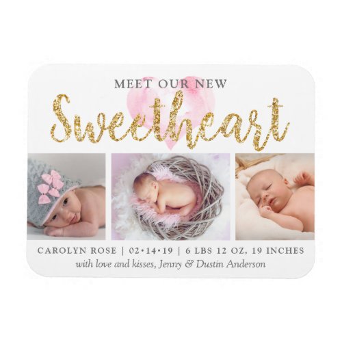 Our Little Sweetheart 3 Photo Birth Announcement Magnet