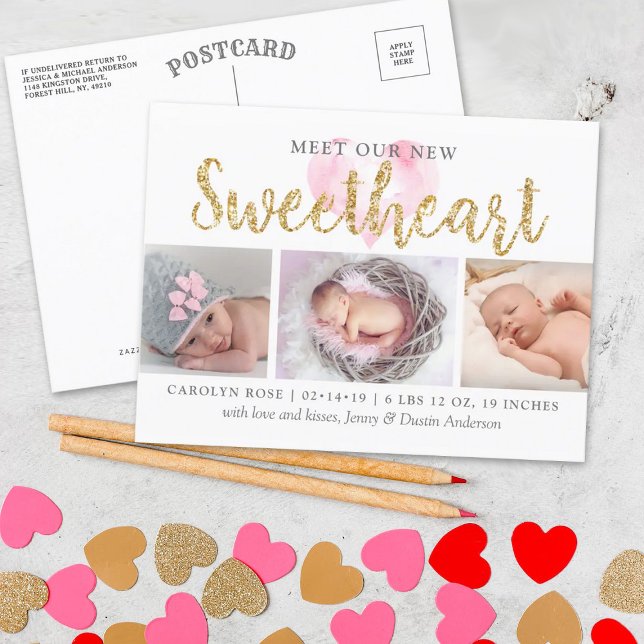 Our Little Sweetheart 3 Photo Birth Announcement Postcard (Creator Uploaded)