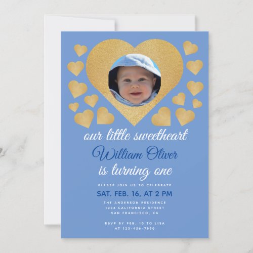 Our Little Sweetheart Boy Blue Gold Heart Birthday Invitation