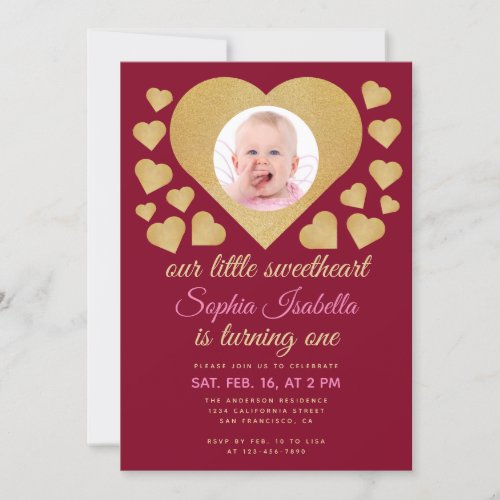 Our Little Sweetheart Burgundy Gold Heart Birthday Invitation