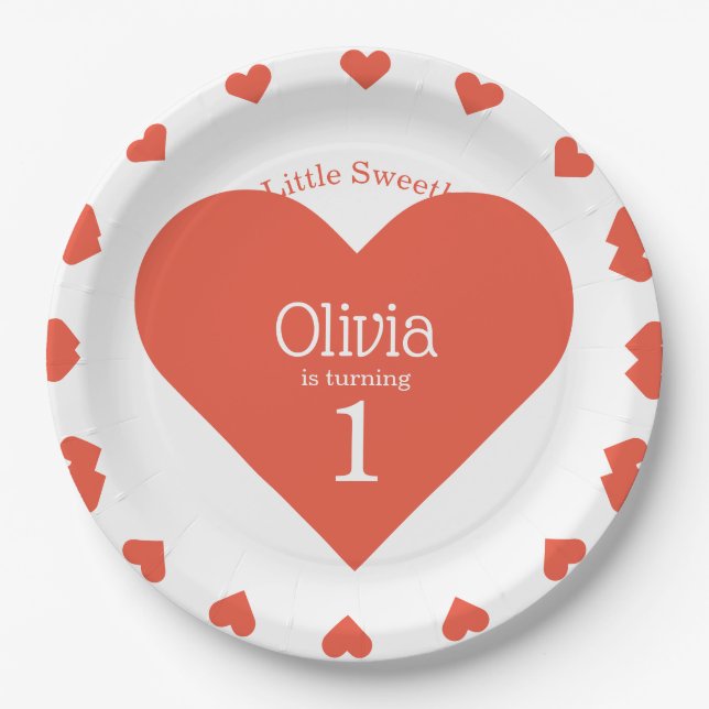 Our Little Sweetheart First Birthday Red Heart Paper Plates (Front)