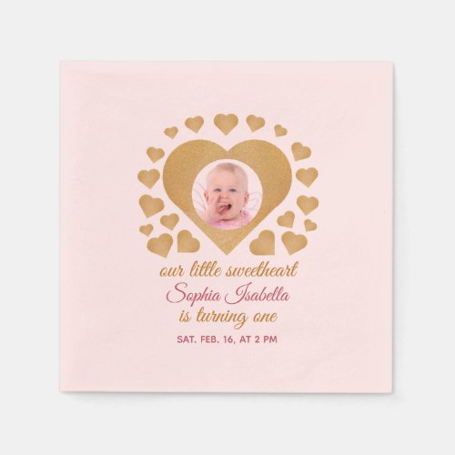 Our Little Sweetheart Girl Photo Gold Hearts Pink Napkins