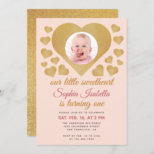 Our Little Sweetheart Gold Pink Photo 1st Birthday Invitation