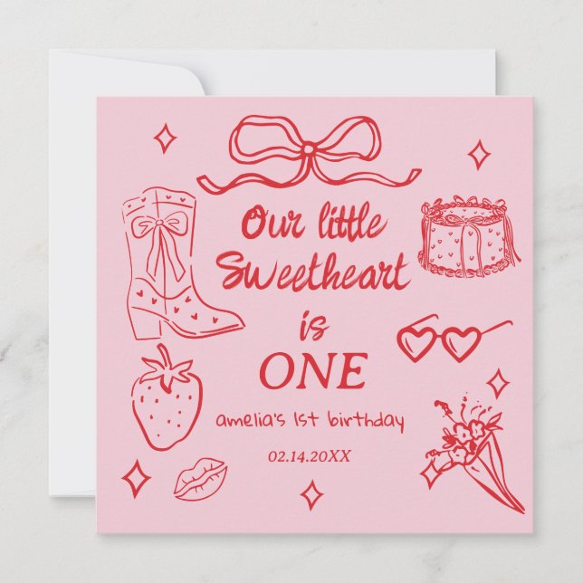 Our little Sweetheart is One Birthday Save The Date (Front)