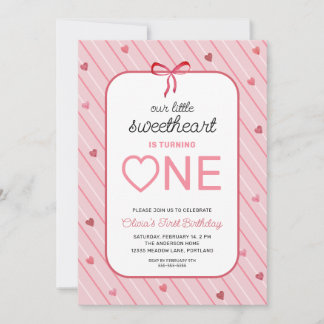 Our Little Sweetheart Is One Hearts Bows Birthday Invitation