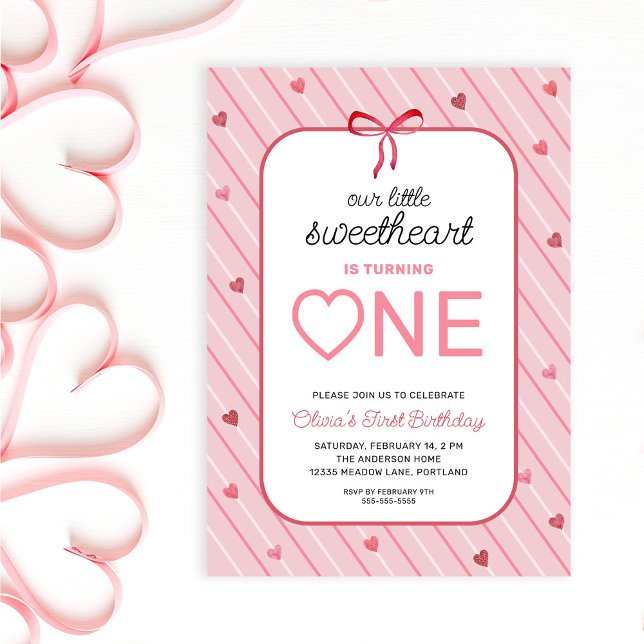 Our Little Sweetheart Is One Hearts Bows Birthday Invitation (Creator Uploaded)