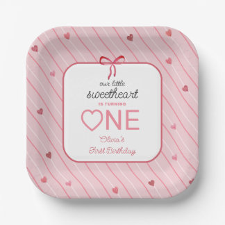 Our Little Sweetheart Is One Hearts Bows Birthday Paper Plates