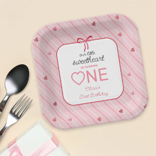 Our Little Sweetheart Is One Hearts Bows Birthday Paper Plates