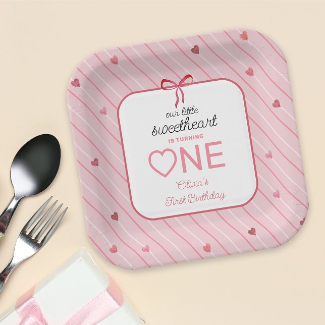 Our Little Sweetheart Is One Hearts Bows Birthday Paper Plates (Creator Uploaded)
