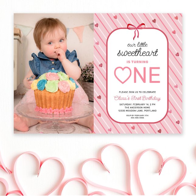 Our Little Sweetheart Is One Photo Birthday Invitation (Creator Uploaded)