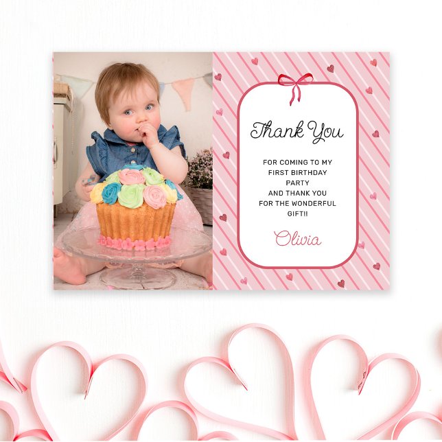 Our Little Sweetheart Is One Photo Birthday Thank You Card (Creator Uploaded)