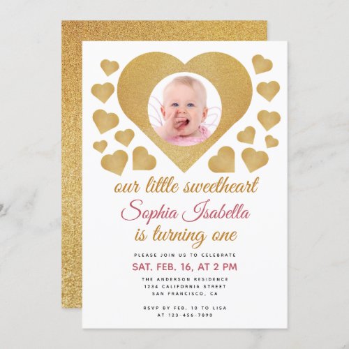 Our Little Sweetheart Photo Gold Heart Birthday Invitation