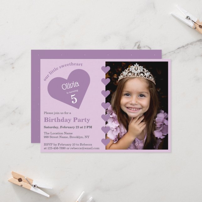 Our Little Sweetheart Photo Purple Hearts Birthday Invitation (Front/Back In Situ)