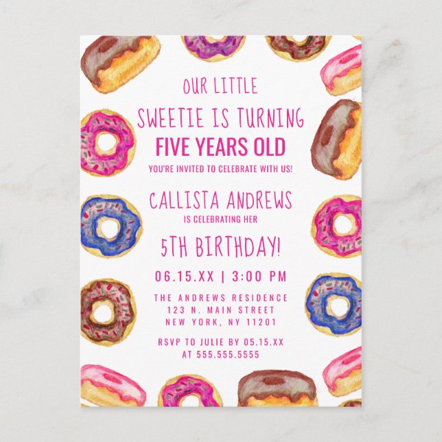 Our Little Sweetie Cute Donuts Pink Quote Birthday Invitation Postcard (Front)