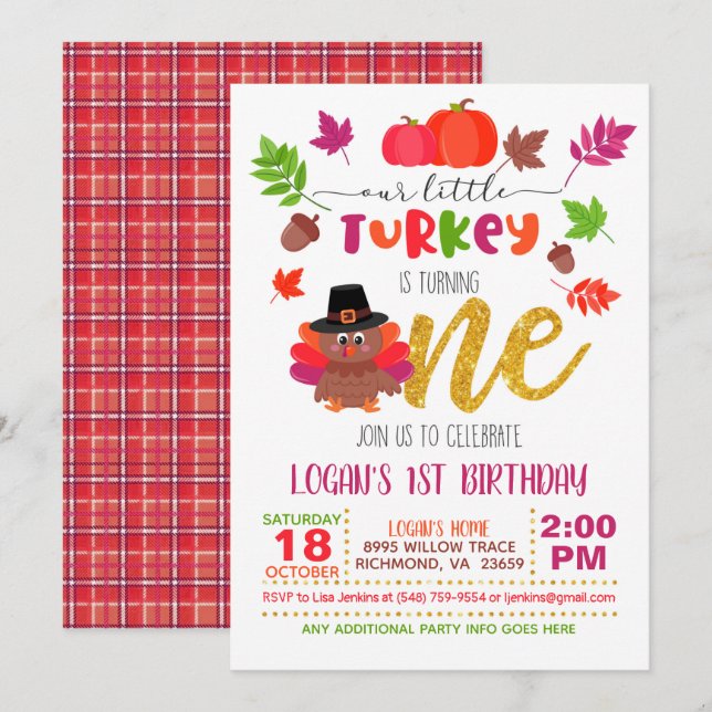 Our Little Turkey is Turning One - Girl - PD Invitation (Front/Back)