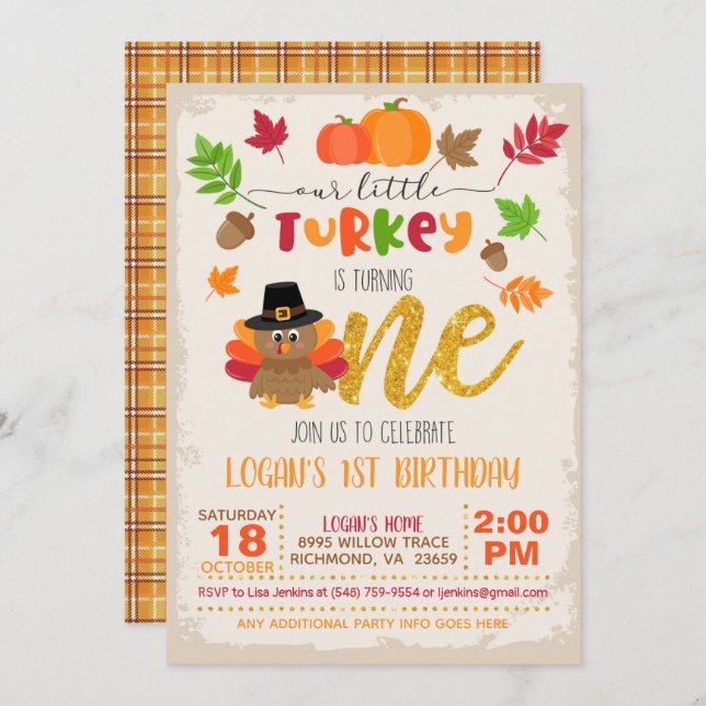 Our Little Turkey is Turning ONE Invitation - P (Front/Back)