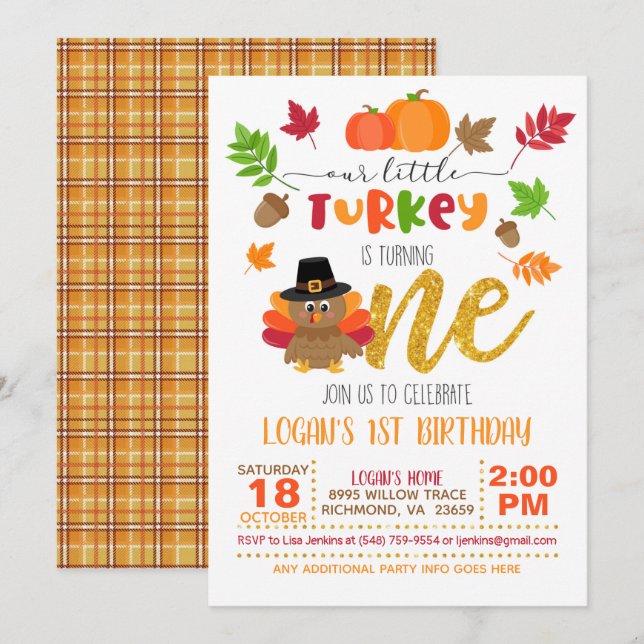Our Little Turkey is Turning ONE Invitation - WP (Front/Back)