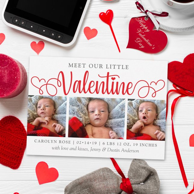 Our Little Valentine 3 Photo Birth Announcement (Creator Uploaded)