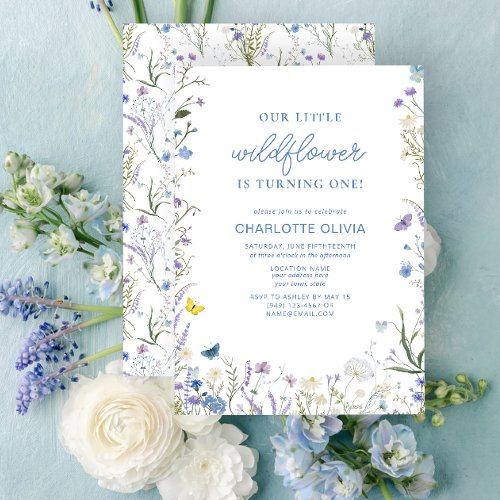 Our Little Wildflower 1st Birthday Blue Watercolor Invitation