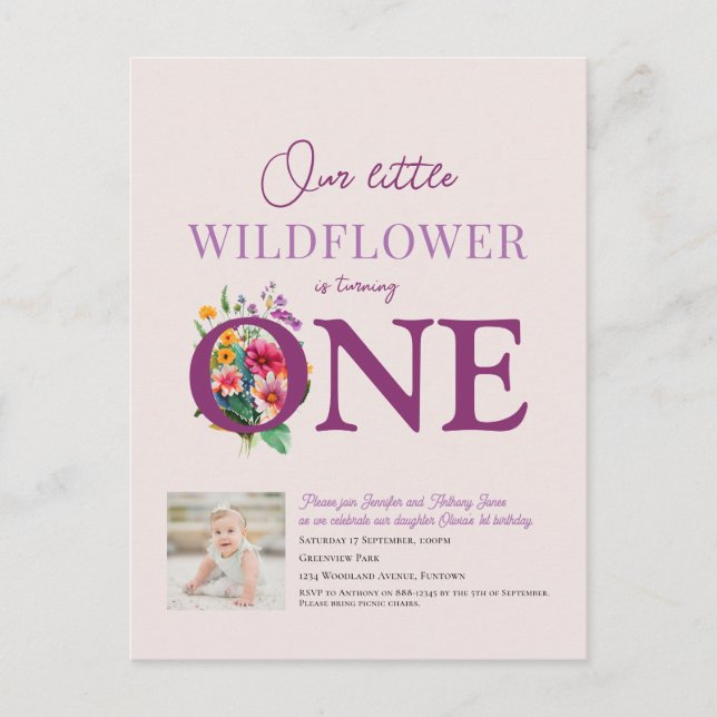 Our Little Wildflower 1st Birthday bright floral Postcard (Front)