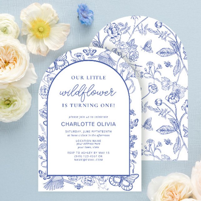 Our Little Wildflower 1st Birthday French Blue Invitation (Creator Uploaded)