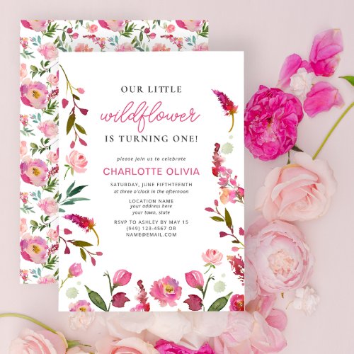 Our Little Wildflower 1st Birthday Pink Floral Invitation