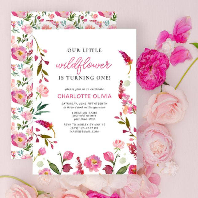 Our Little Wildflower 1st Birthday Pink Floral Invitation (1st Birthday Invitation)
