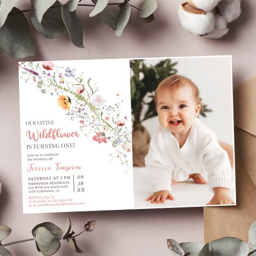 Our Little Wildflower Baby Girl 1st Birthday Party Invitation