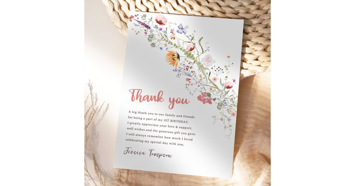 Our Little Wildflower Baby Girl 1st Birthday Party Thank You Card | Zazzle
