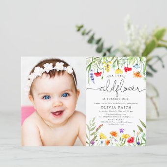 Our little wildflower baby girl 1st birthday photo invitation | Zazzle