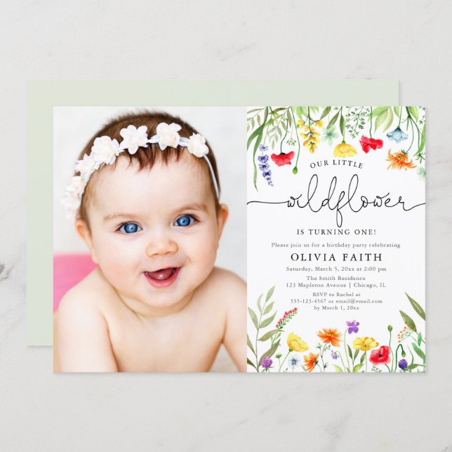 Our little wildflower baby girl 1st birthday photo invitation (Front/Back)