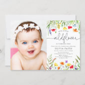 Our little wildflower baby girl 1st birthday photo invitation (Front)