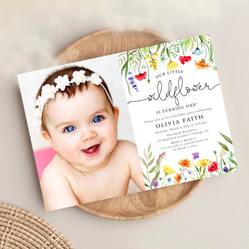 Our little wildflower baby girl 1st birthday photo invitation